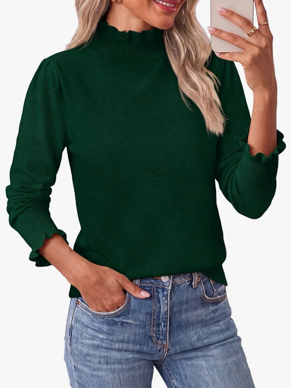 RUFFLE MOCK NECK SWEATER | Women’s Long Sleeve Blouse - Dark Green